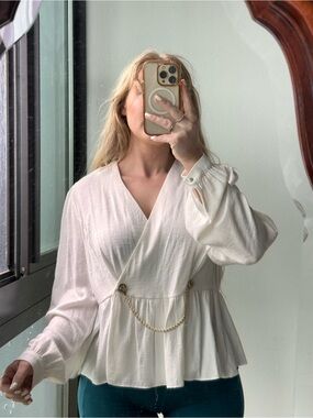 Cream Wrap Peplum Blouse with Gold Chain Detail